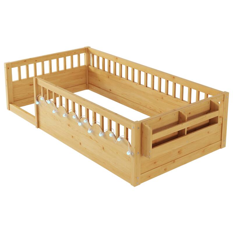 Montessori Floor Bed Frame with High Rails, Wood Toddler Floor Bedframe with Light and Headboard Storage Shelf for Kids Room