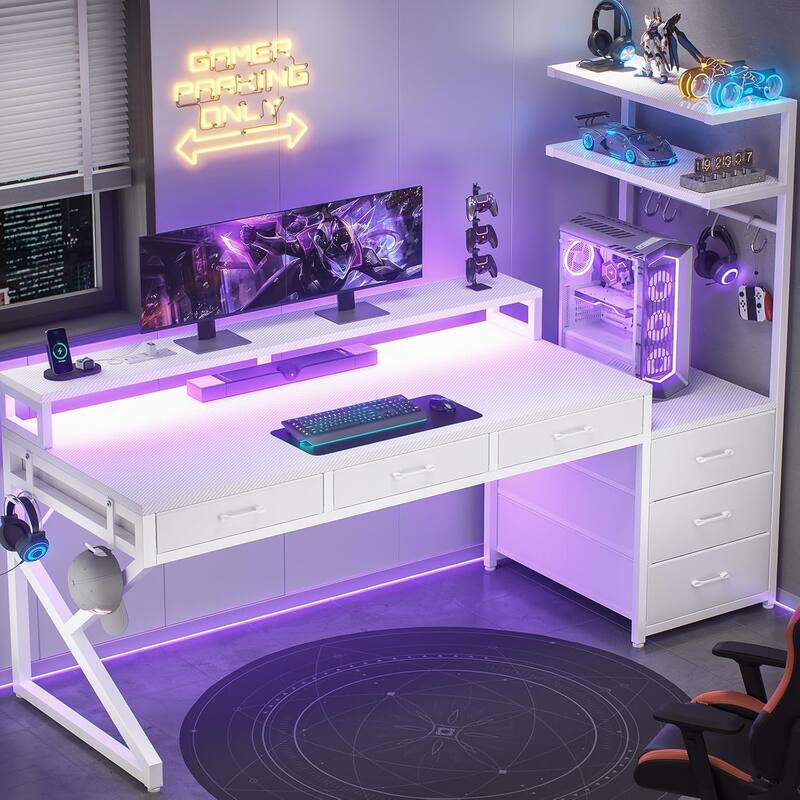 55" Gaming Desk 6 Fabric Drawers Storage LED Lights Power Outlet - White