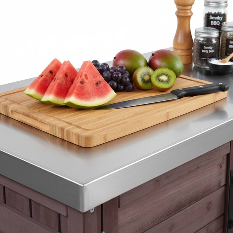 Kitchen Island with Foldable Grill Table, Grill Cart with Trash Can Storage, Stainless Steel Top Pizza Oven Table for Outdoor