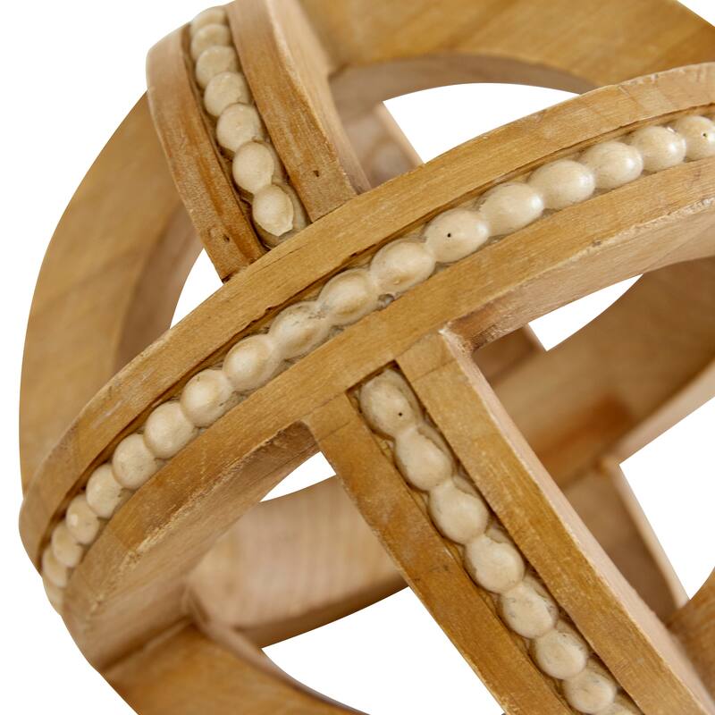 Light Brown Wood Handmade Beaded Geometric Decorative Sculpture (Set of 3)