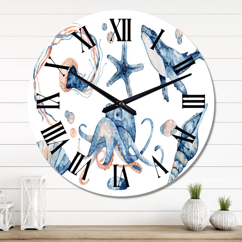 Designart 'Blue Ocean Fish Medusa Whale Seahorse Octopus' Nautical & Coastal wall clock - 29 In. Wide x 29 In. High