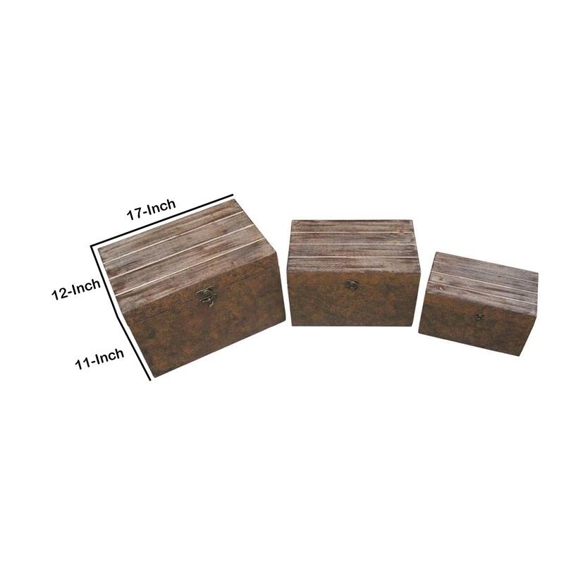 Wooden Lift Top Storage Box with Grain Details, Set of 3, Brown