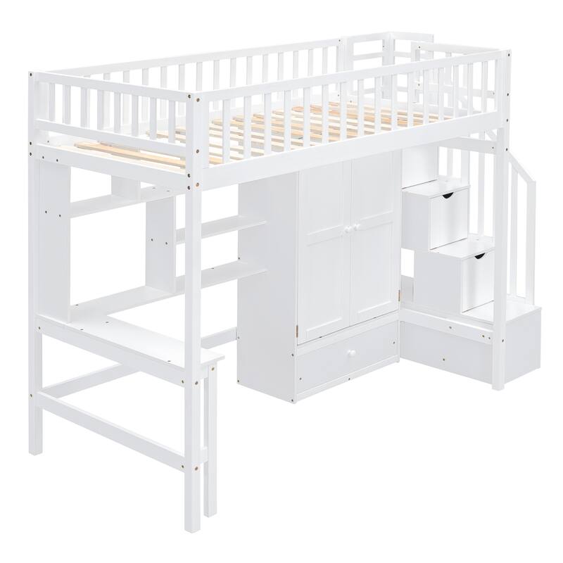 White Twin Loft Bed with Bookshelf, Drawers, Desk & Wardrobe - Space-Saving Study & Storage Solution