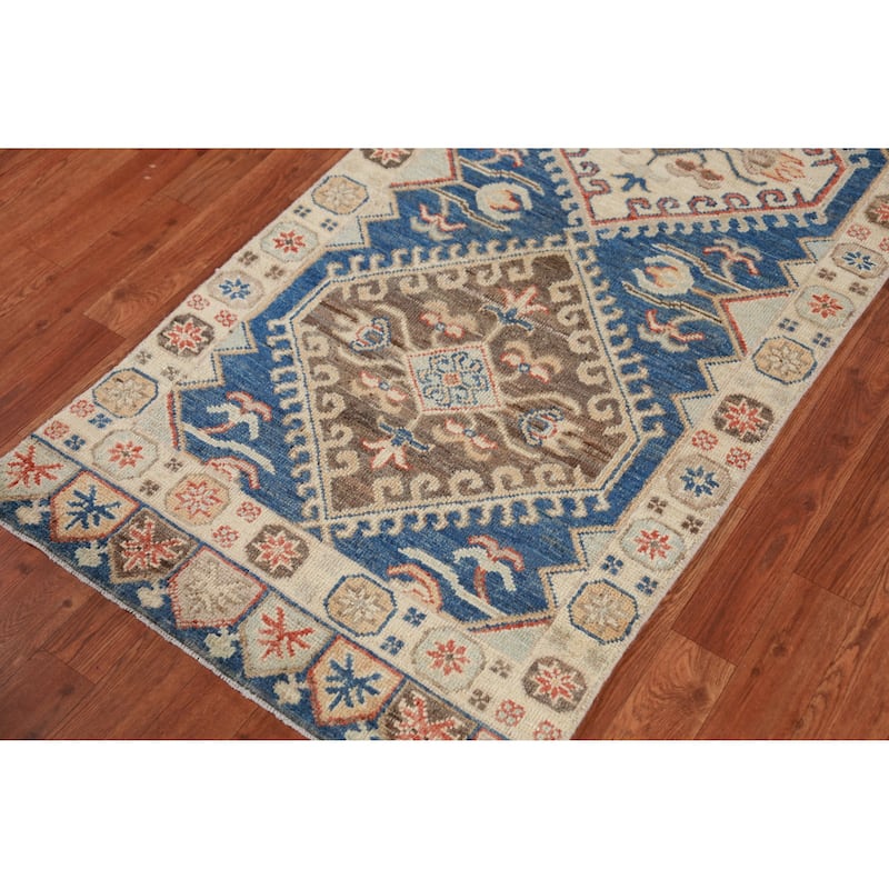 Hand Knotted Oriental 100% Wool Carpet Transitional Geometric Navy Blue & Blues Oushak Runner Rug - 9' 11'' X 2' 7''