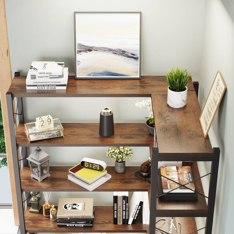 Large Size 5/6-Shelf Corner Bookshelf, Vintage Industrial Corner Bookshelf Etagere Bookcase