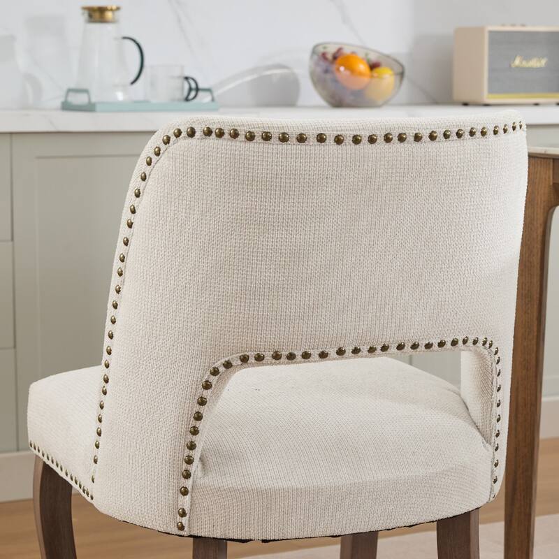 Modern Fabric Upholstered Dining Chairs Set of 2, Farmhouse Wooden Dining Room Chairs with Curved Backrest, Rivet Trim