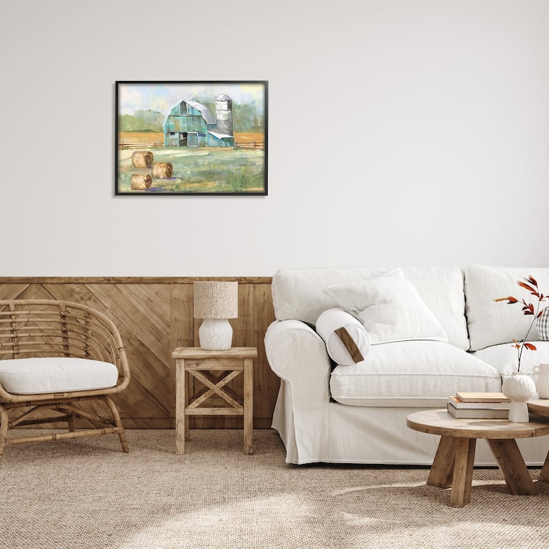 Stupell Contemporary Blue Farm Barn Hay Bails Empty Field Framed Wall Art