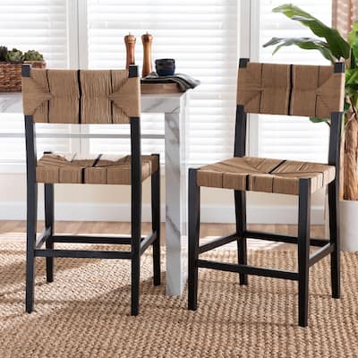 Prita Bohemian Paper Loom and Mahogany Wood 2-Piece Counter Stool Set