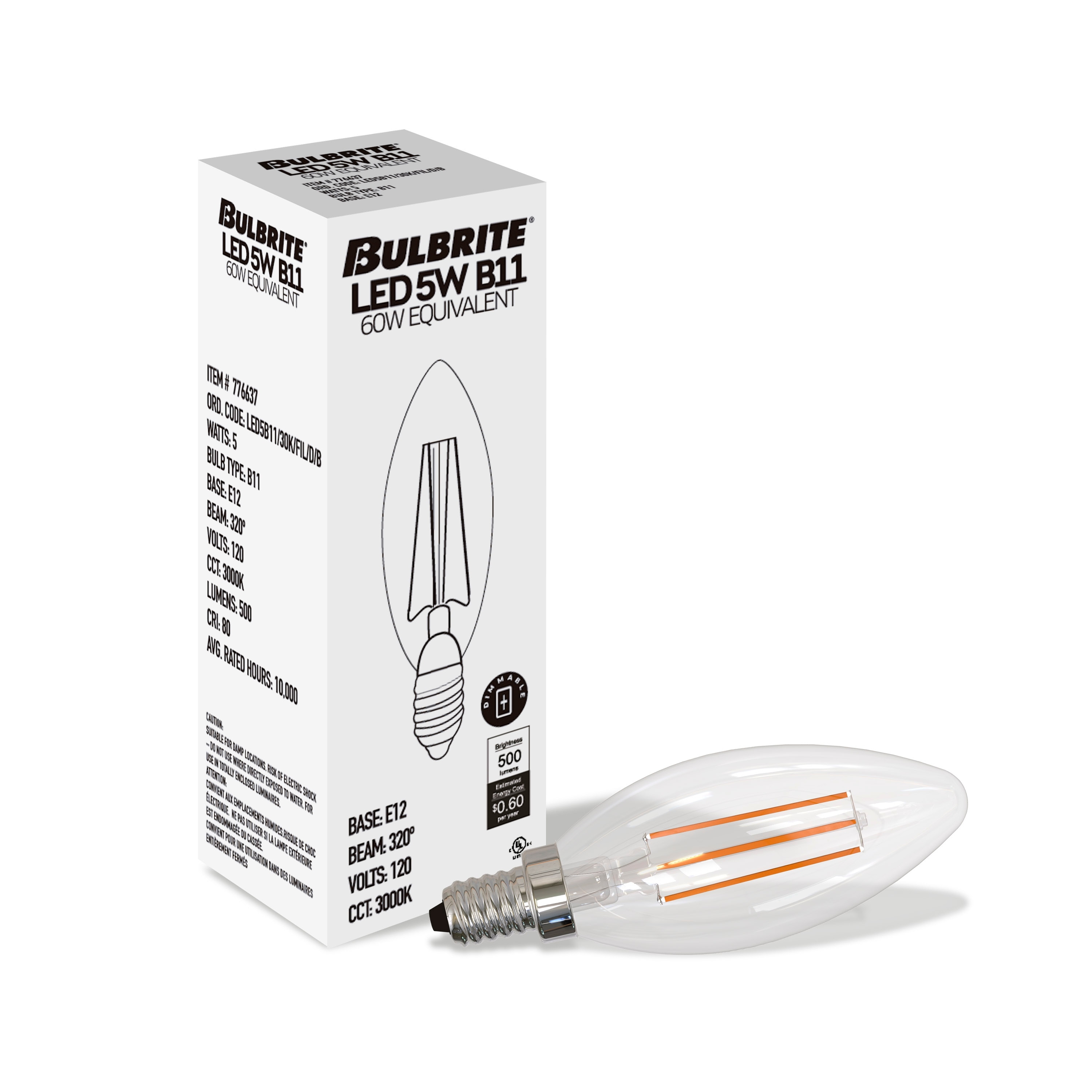 Bulbrite LED Filament Pack Of (4) 5 Watt Dimmable B11 Light Bulb With ...