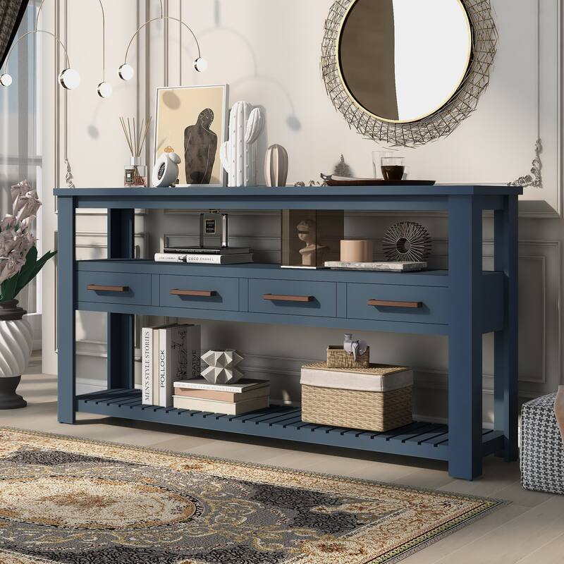 2-Tier Console Table Sofa Table with 4 Drawers and 2 Shelves, Accent Table Hallway Tables with vintage Aluminum Handle - Navy Blue