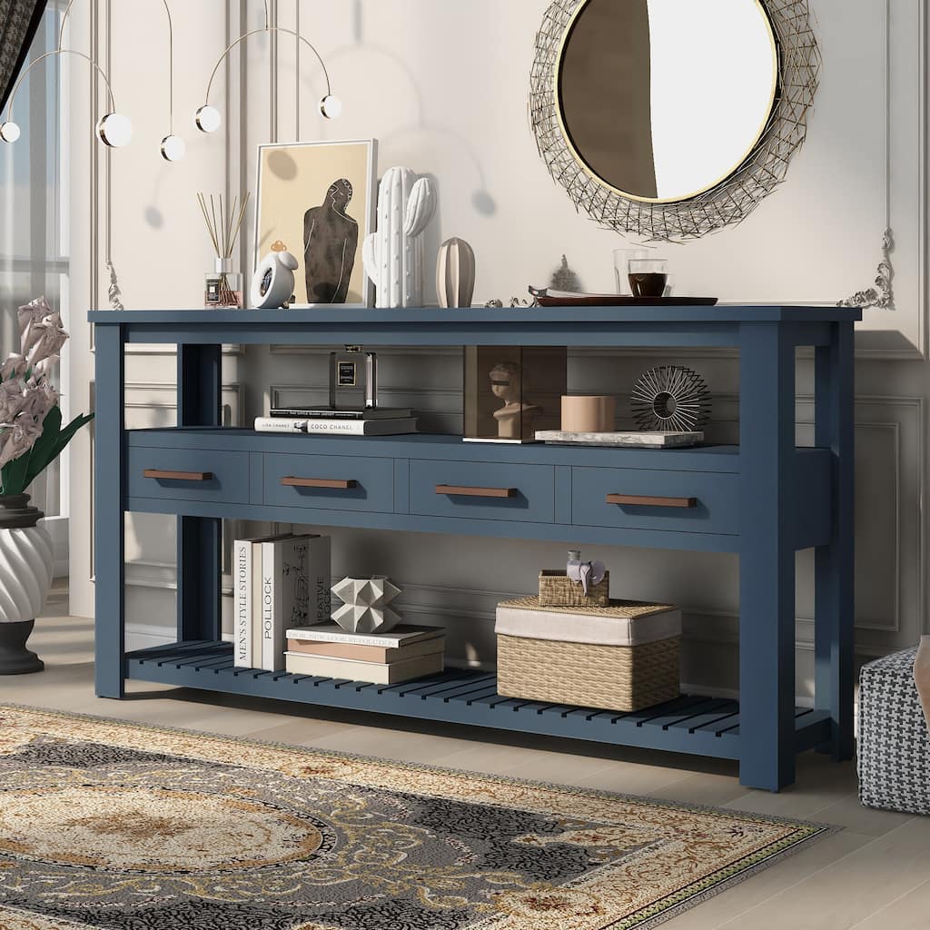 61.5"Large Entryway Table with 4 Drawers,Painted Console Table with 3-Tier Open Shelves and Metal Handles