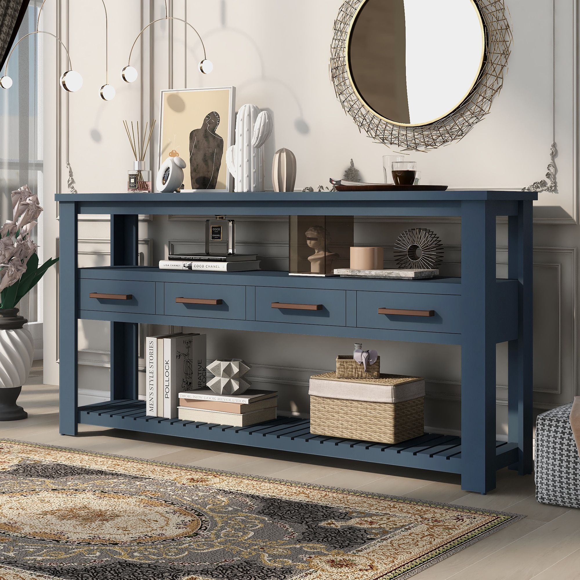 Rustic 61.5'' Large Entryway Table with 4 Drawers and 3-Tier Open Shelves