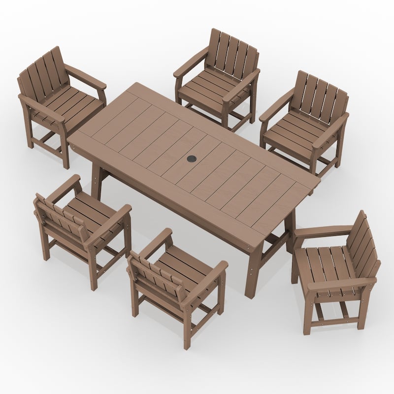 7-Piece HDPE Outdoor & Indoor Dining Set, Rectangular 67.91in L Table with Umbrella Hole and 6 Chairs Set of 7, Wood-Look Finish