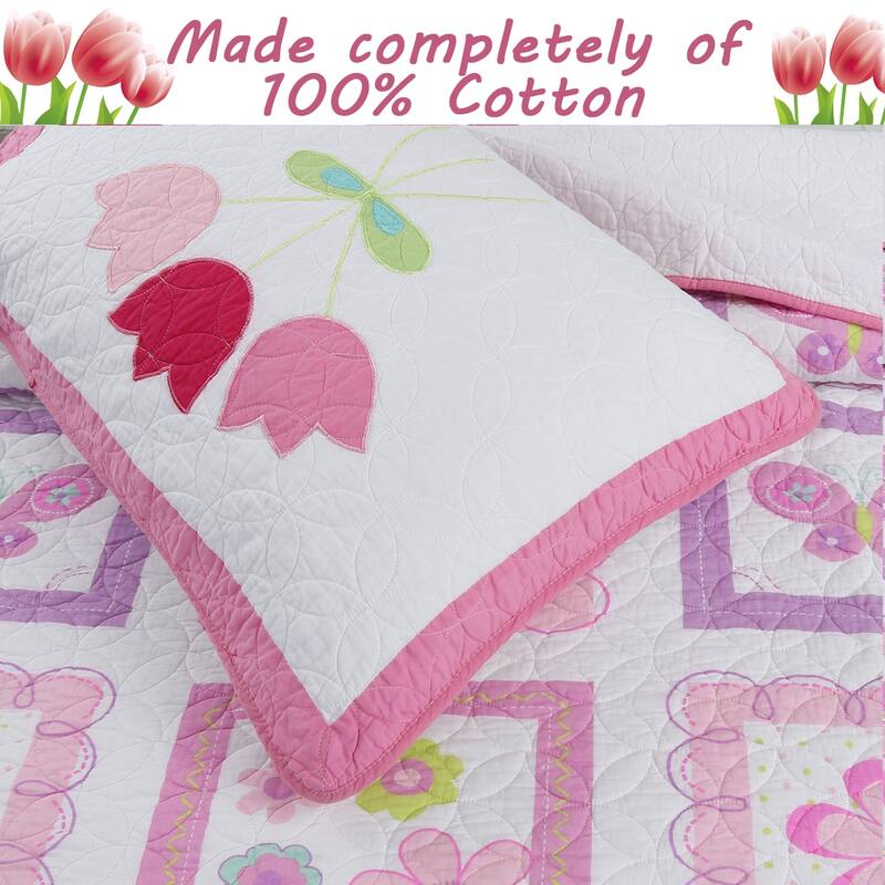 Butterfly Flower Twin 4-Piece Quilt Set with Decorative Pillows