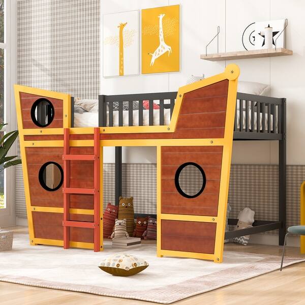 Full Size Boat Shape Bed Loft Bed Bedroom Solid Wood Frame Guardrail