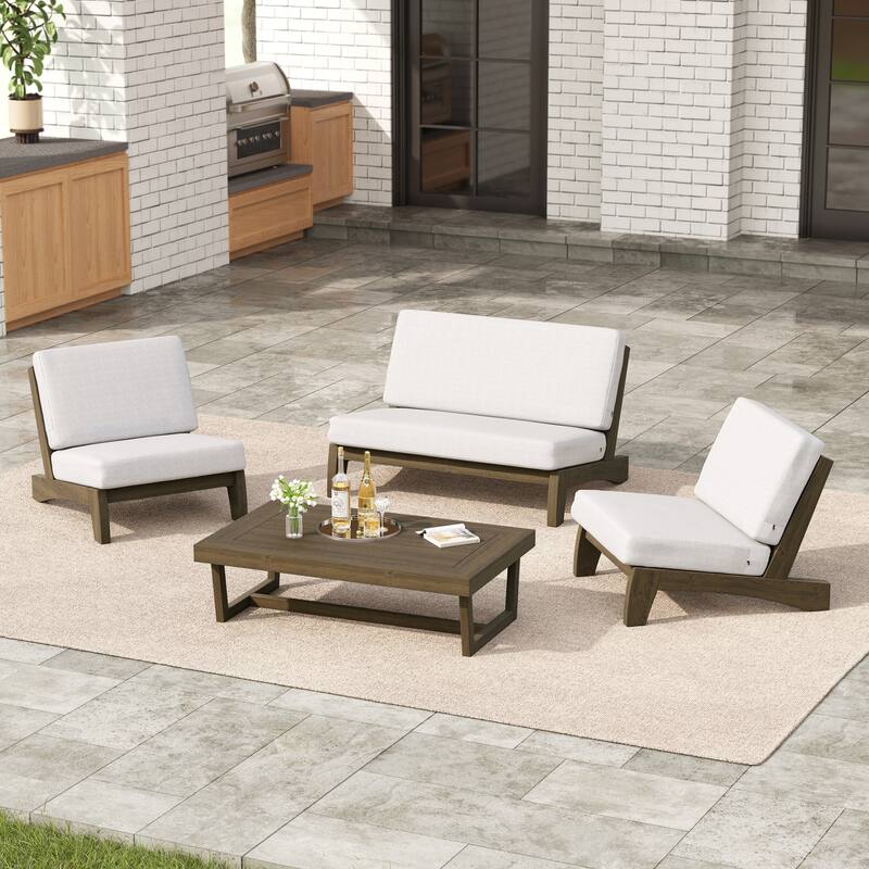 4 Set Outdoor Patio Teak Wood Club Chairs Loveseat with Coffee Table