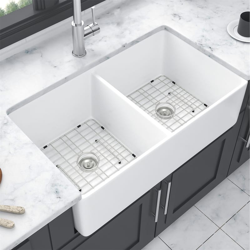 32 inches Ceramic Double Bowl Farm Apron Front Kitchen Sink Farmhouse
