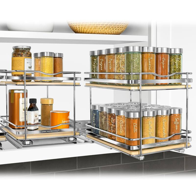 LYNK PROFESSIONAL® Élite™ Pull Out Spice Rack Organizer for Cabinet - 8-1/4 inch W - Lifetime Ltd Warranty, Wood- 2 Tier