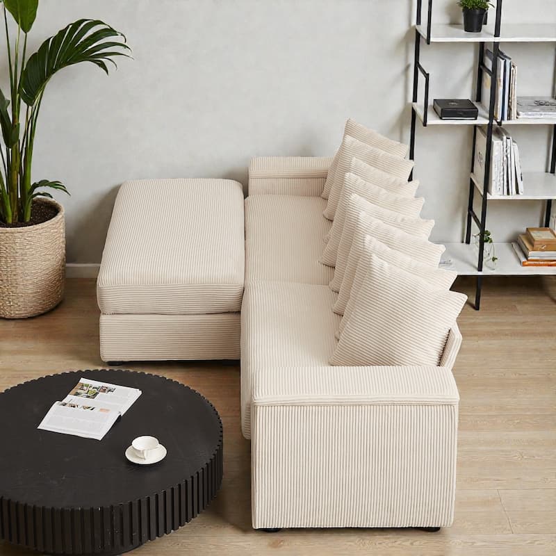 Oversized L Shaped Sectional Sofa with Chaise, Corduroy Upholstered Couch with Armrest Storage and Ottoman