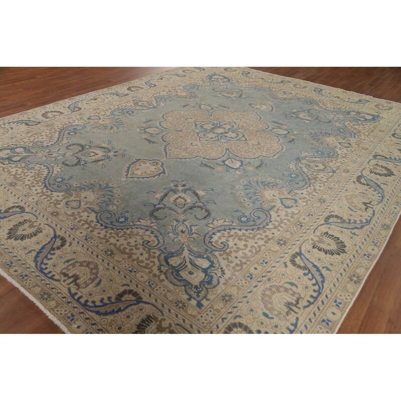 Distressed Blue Tabriz Vintage Persian Area Rug Handmade Wool Carpet - 9'7" x 12'2"