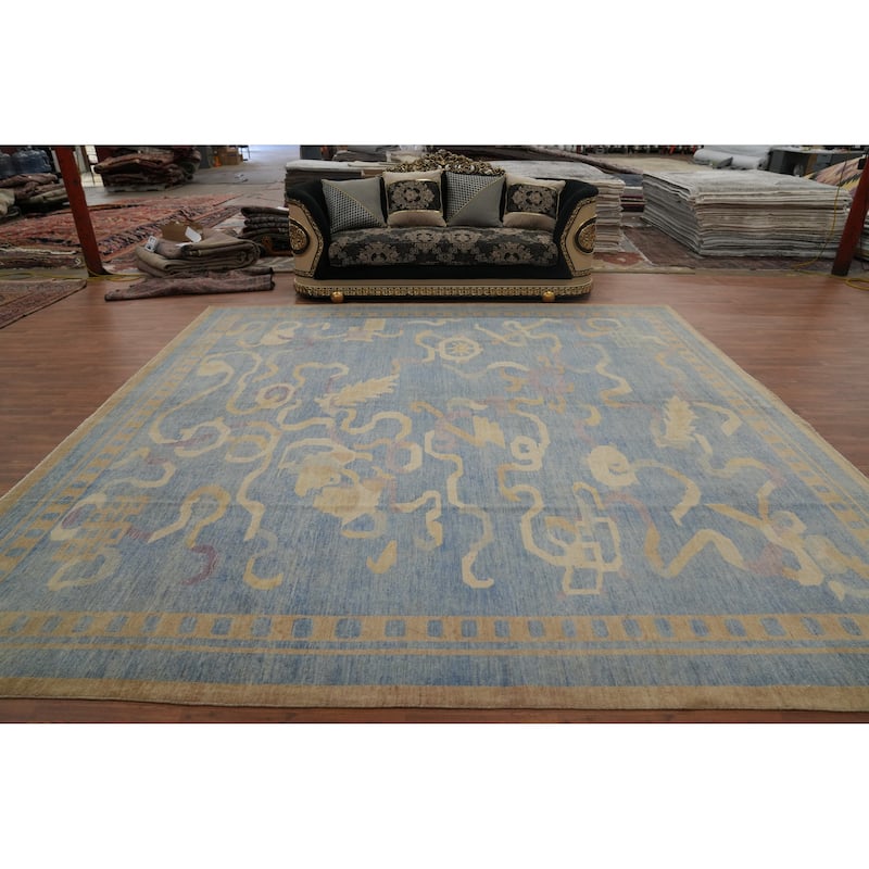 Hand Knotted Traditional Wool Blue Geometric Area Rug - 12' 0'' X 11' 10''