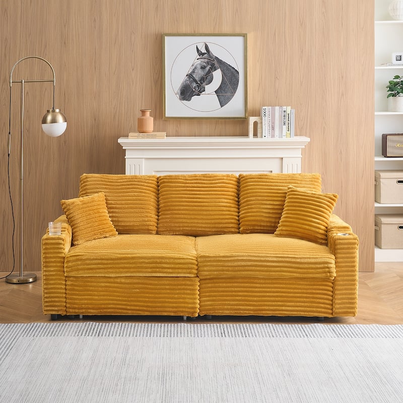 80"Corduroy Sofa With Cup Holder
