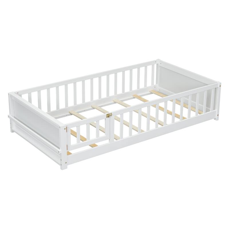 GDFStudio - Kensington Twin Floor Platform Bed with Built-in Book Storage Rack and Guardrails