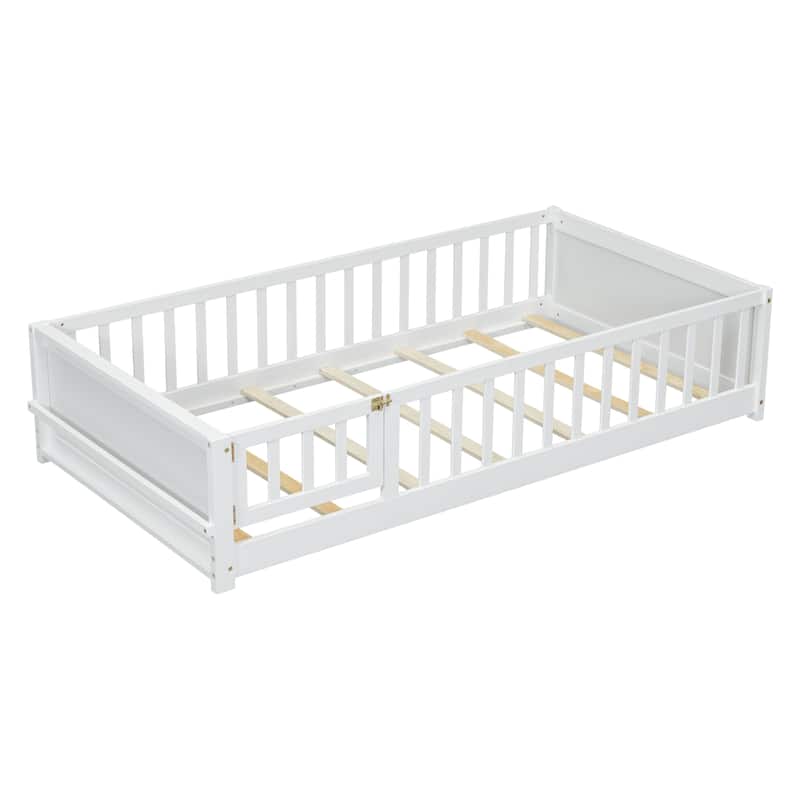 White Twin Size Pine Wood Floor Platform Bed with Built-in Book Storage Rack, Door