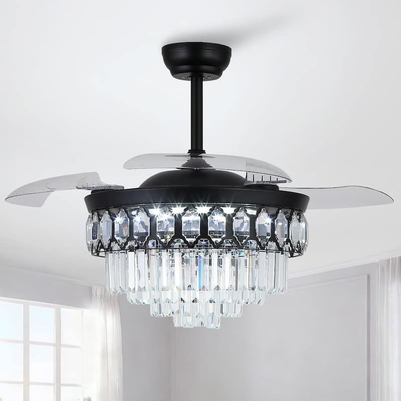 48" Crystal Fandelier Ceiling Fan with Light and Retractable Blades LED Dimmable for Bedroom Living Room - 48 Inches - Black-3