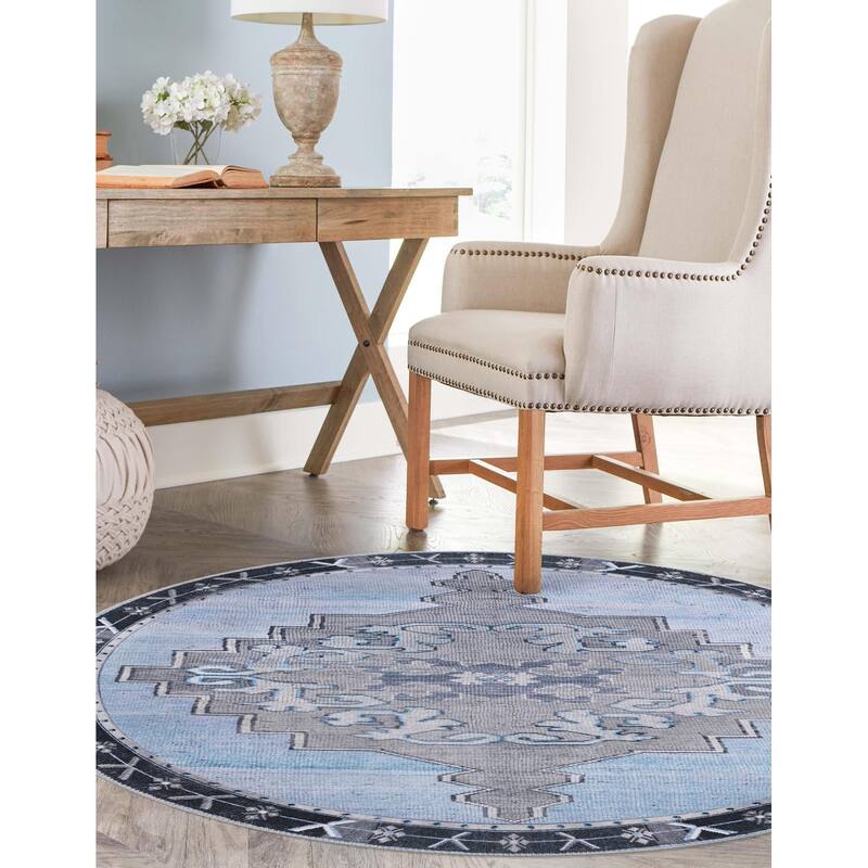 Traditional Rine Collection Area Rug - 5' Round - Blue-Gray