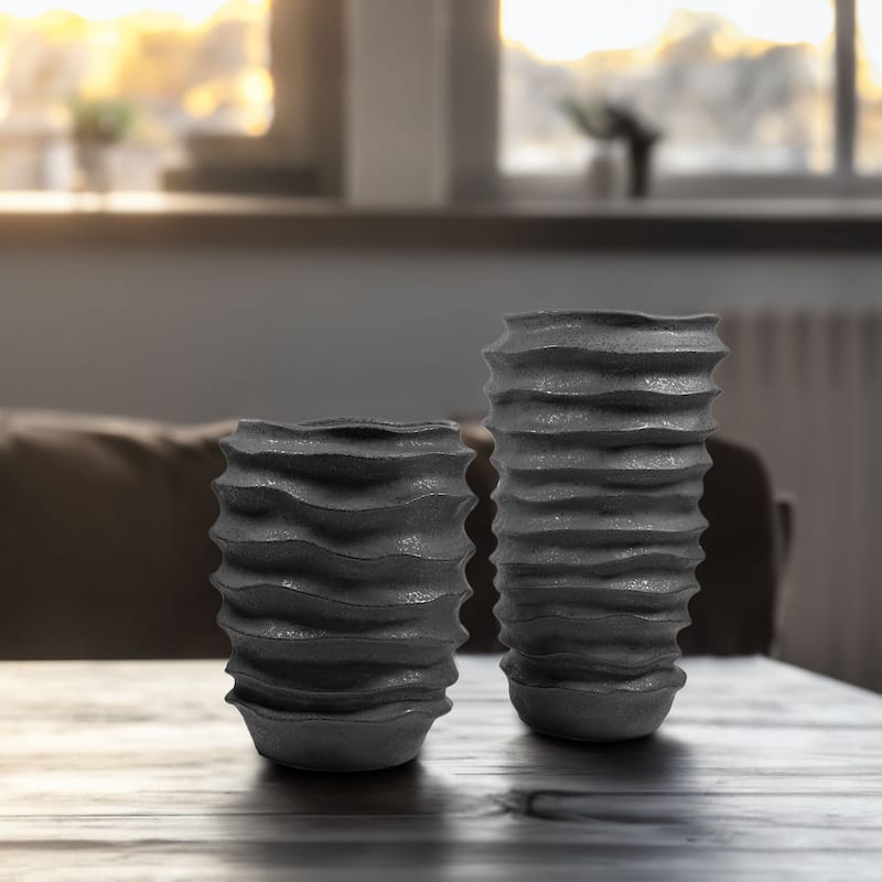 Black Ceramic Vase Set of Two with Large Modern Cylindrical Design
