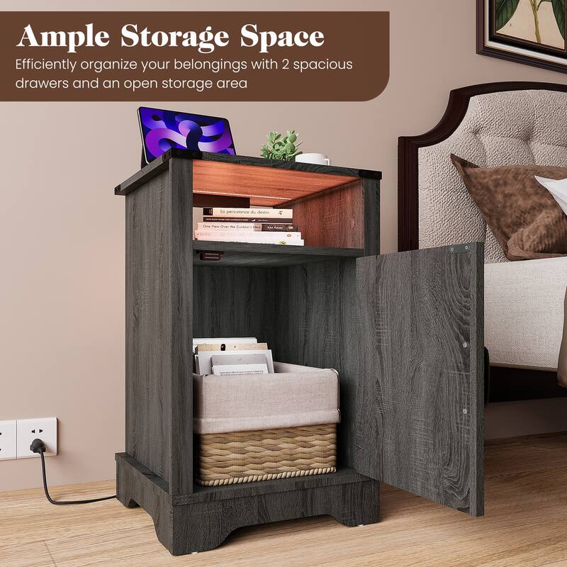 Farmhouse Nightstand With LED Lights and Charging Station