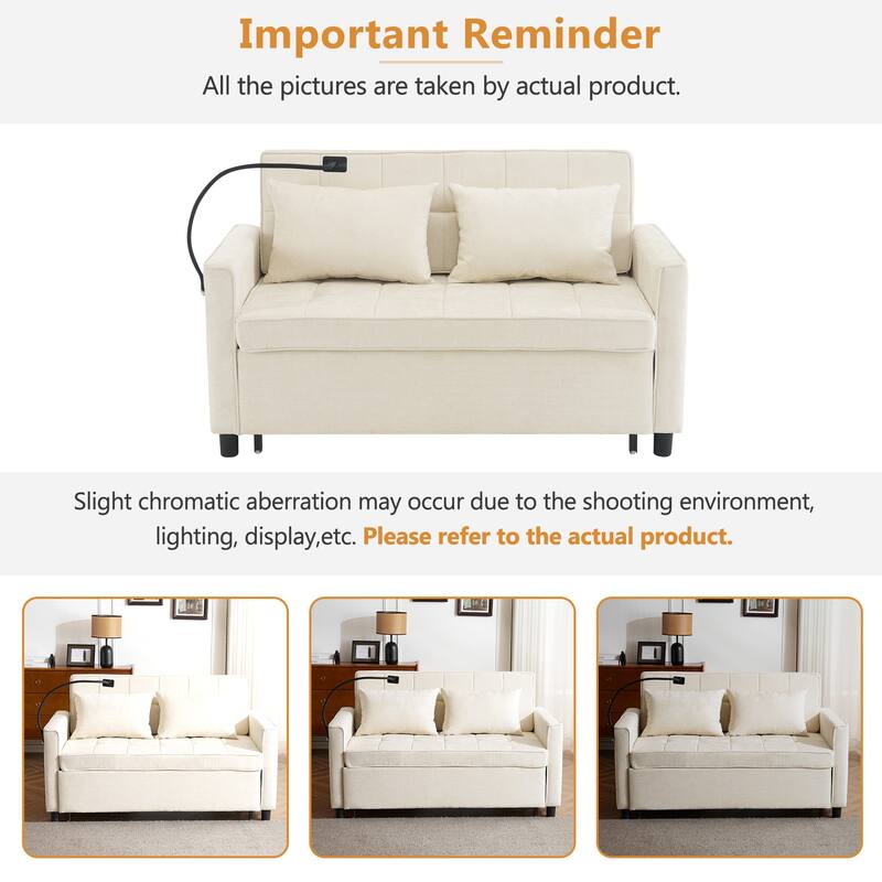 Modern Convertible Sofa Bed Pull-Out Loveseat with USB Ports, Padded Sleeper Sofa with Adjustable Backrest