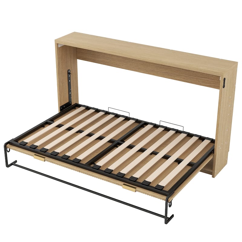Twin XL Size Murphy Bed with Bottom LED Light, Foldable into Cabinet, Natural