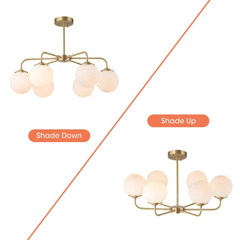 Modern 6-Light Brass Sputnik Chandelier with Frosted Glass Globes