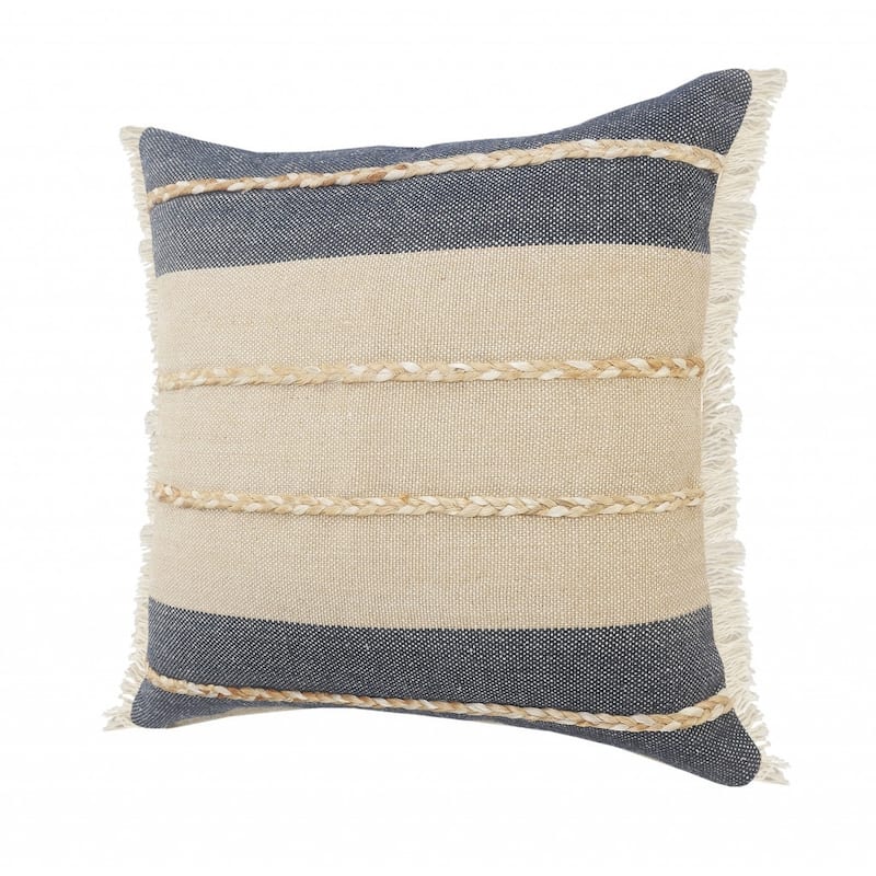 HomeRoots 20" X 20" Denim Blue Tan And Taupe Jute Coastal Zippered Pillow