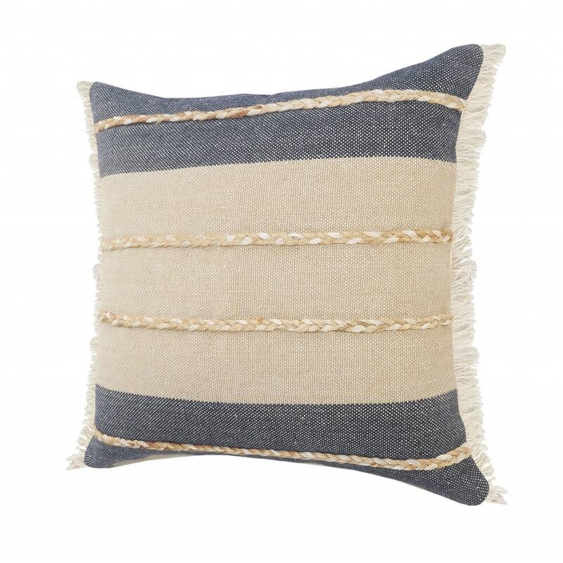HomeRoots 24" X 24" Denim Blue Tan And Taupe Jute Coastal Zippered Pillow