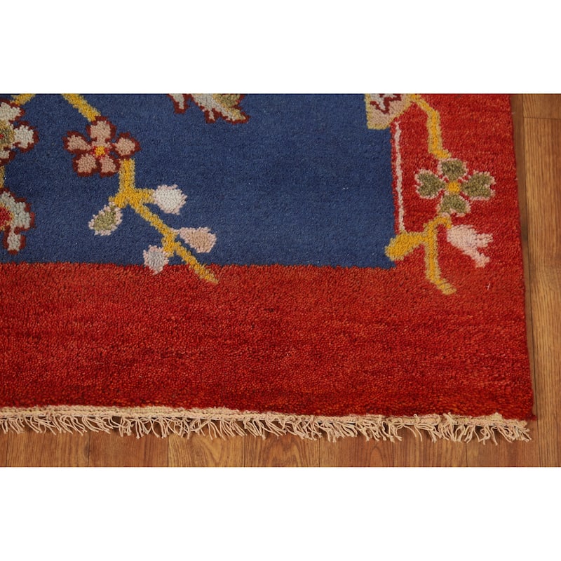 Blue & Red Floral Art Deco Oriental Rug Handmade Wool Carpet - 3'11" x 5'11"