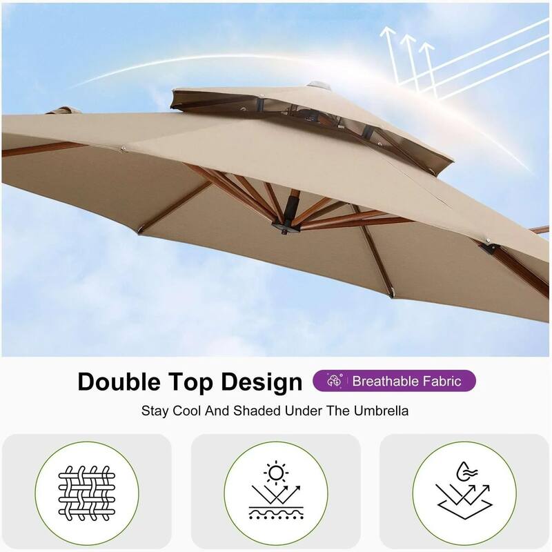 PURPLE LEAF 13ft Round Wood Pattern Patio Cantilever Umbrella with Base