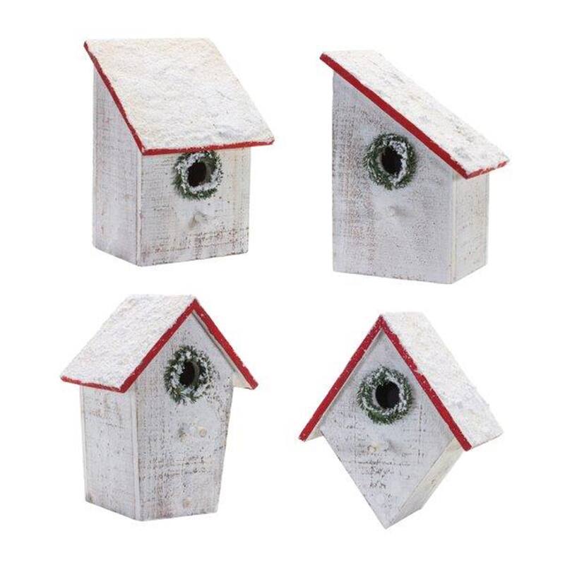 Flocked Wood Birdhouse with Wreath Accent Christmas Decorations - 10" - Set of 4