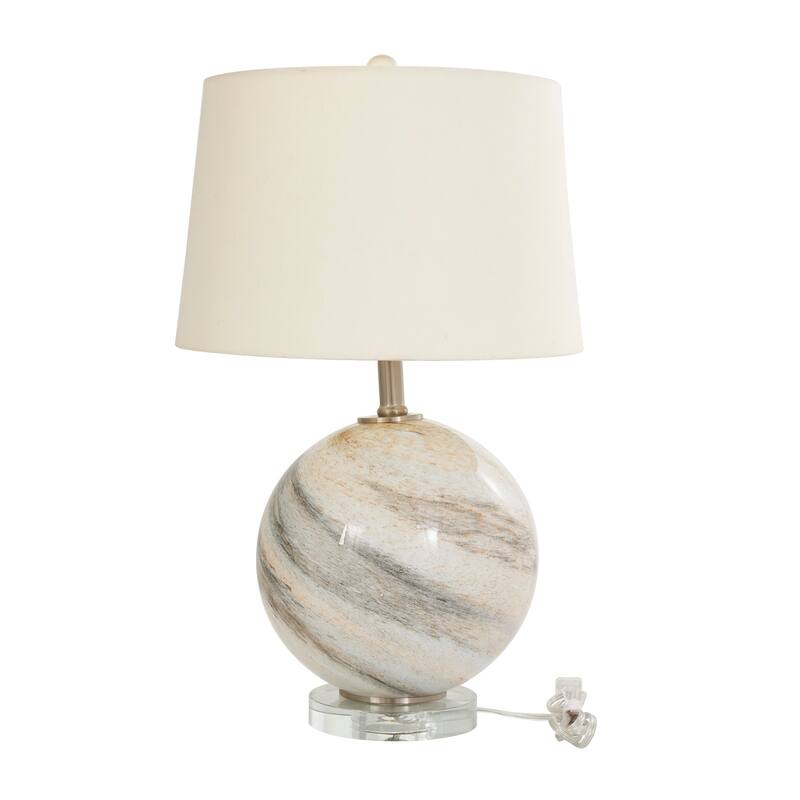 Beige Glass Round Accent Lamp with Marble Inspired Design and Gold Accents