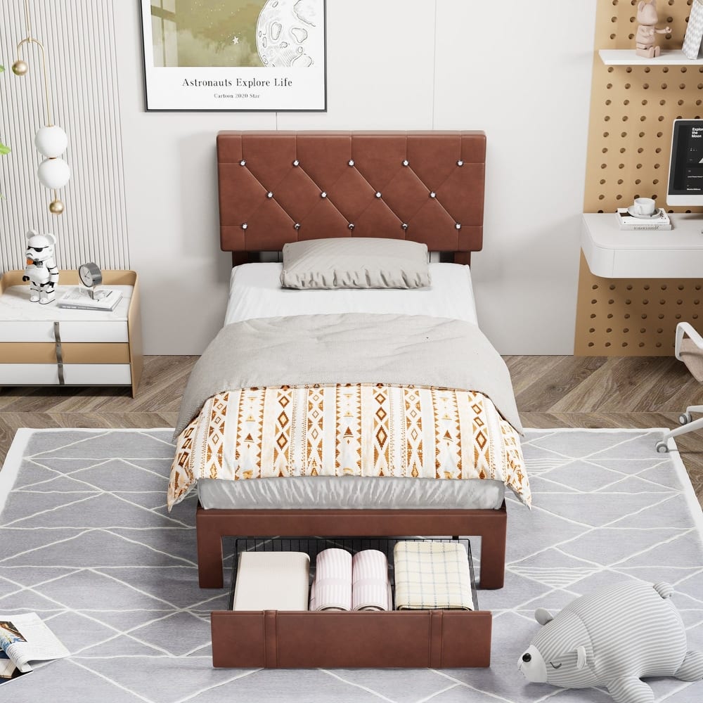 VECELO Bed Frame with Storage Drawers Leather Upholstered with Diamond Tufted Headboard Solid Wood Slat Support