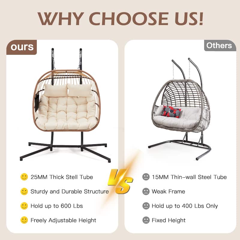 EROMMY Hanging Egg Chair with Stand, Foldable Indoor/Outdoor Swing Chair includes Cushion and Pillow, Patio Wicker Swing