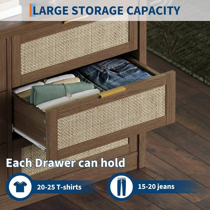 53" Rattan 6-Drawer Boho Dresser TV Stand for Bedroom, Living Room