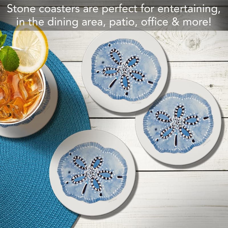 CounterArt Indigo Coastal - Sand Dollar Absorbent Stone Tumbled Tile Coaster Set of 4 Made in The USA Protective Cork Backing