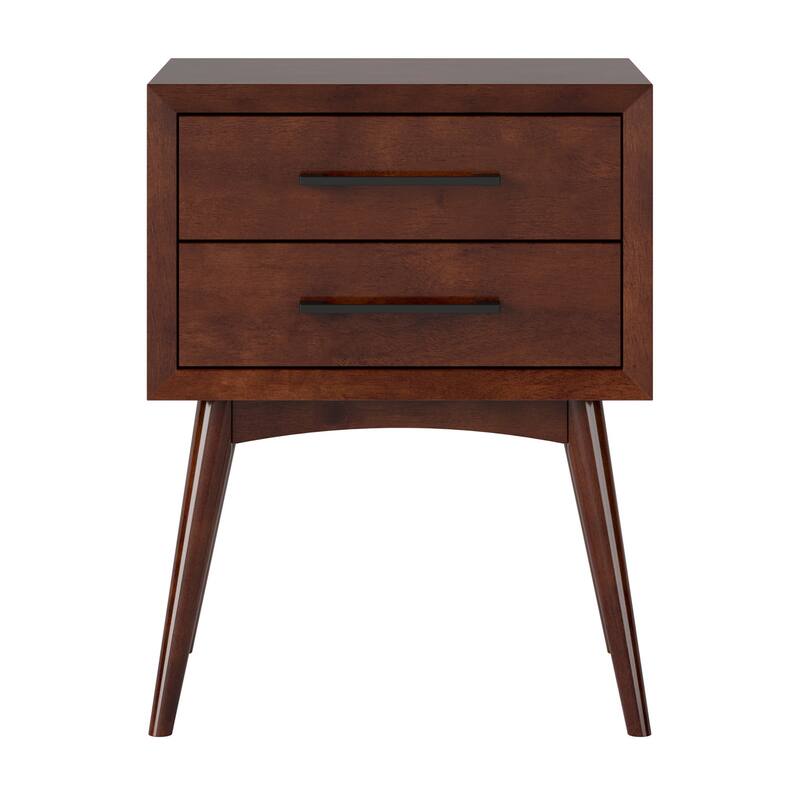 Walnut Solid Wood 2-Drawer Nightstand with Tapered Legs, Sleek Black Handles and Mid-Century Modern Design