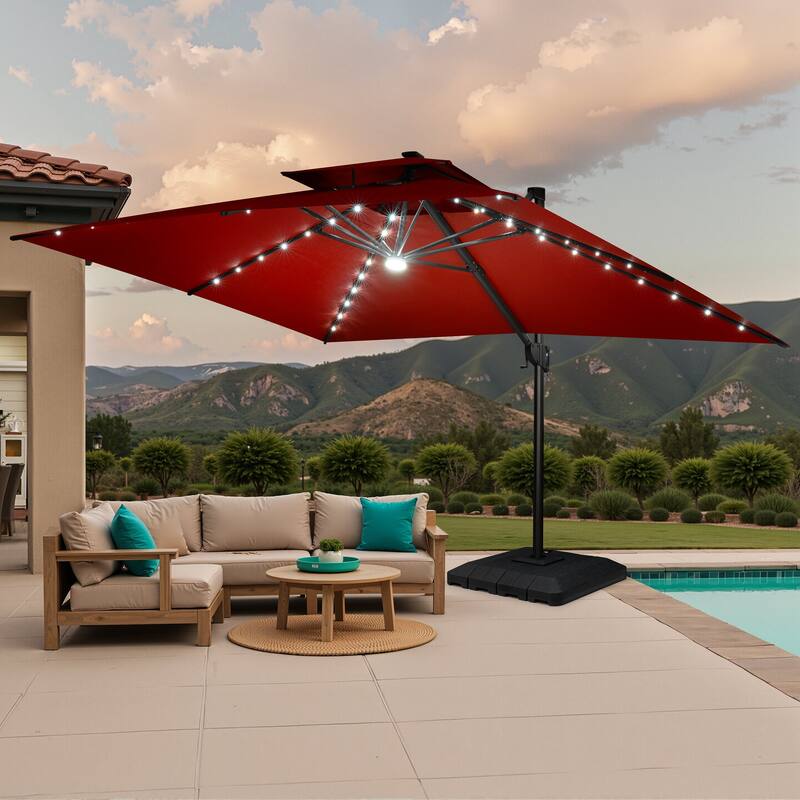 Outdoor Patio LED Lighted Cantilever Umbrella with 4-Piece Fillable Weighted Base - Red