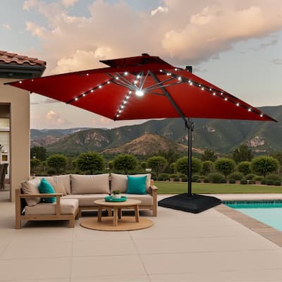 Outdoor Patio LED Lighted Cantilever Umbrella with 4-Piece Fillable Weighted Base