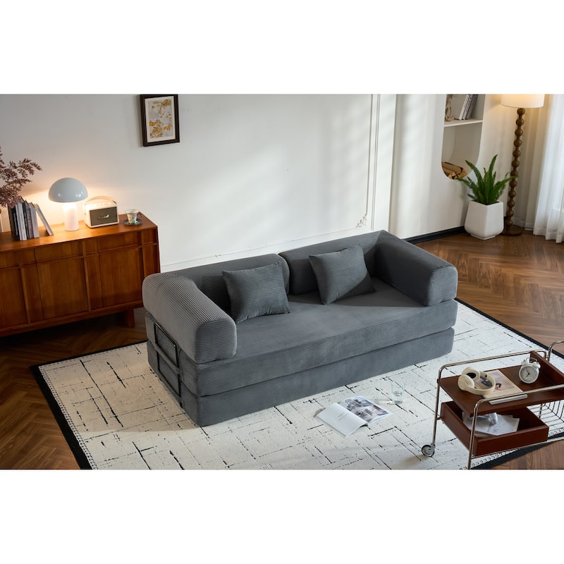 Convertible Sleeper Sofa Bed with Pillow, Corduroy Folding Mattress Couch with Fixed-Shape Frame, Floor Lounge Loveseat Sofa