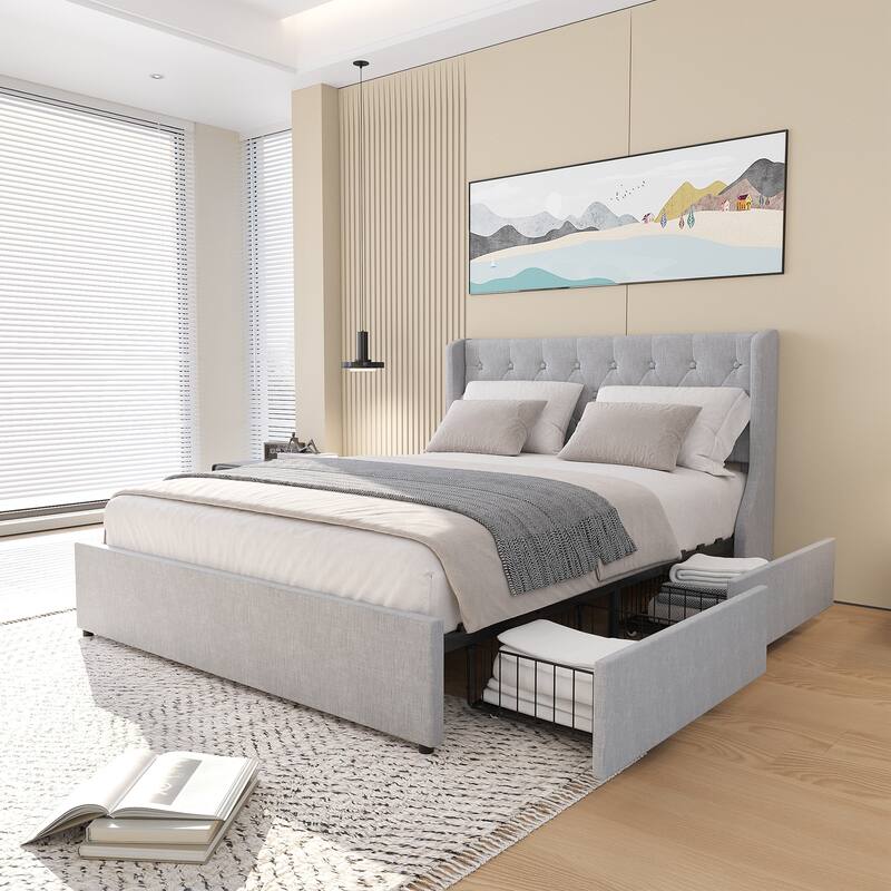 Grey Queen Size Upholstered Bed with Wingback Headboard, 4 Storage Drawers, Button Tufted Design